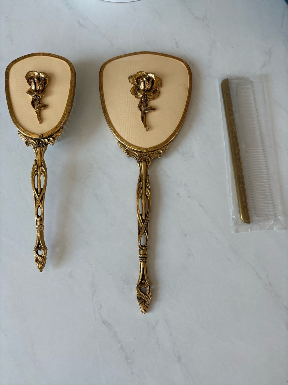 Gold and Cream Floral Hand Mirror, Brush & Comb Vanity Set